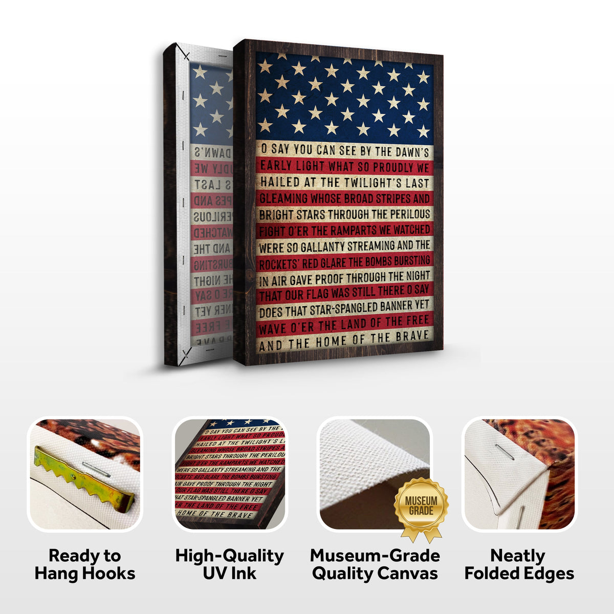 American Anthem Sign II canvas print with dark wood frame, blue star field and striped text on Tampa Home & Garden Store