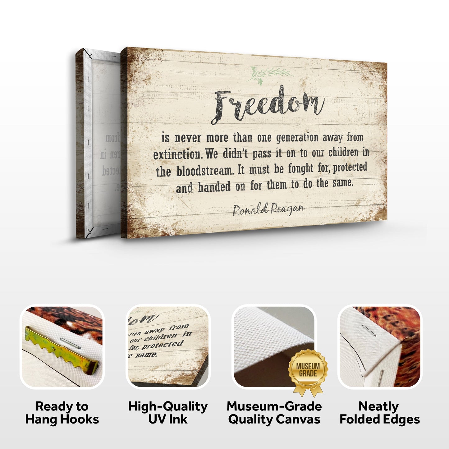 Canvas sign Freedom By Ronald Reagan Sign II on distressed wood with vintage typography on Tampa Home & Garden Store