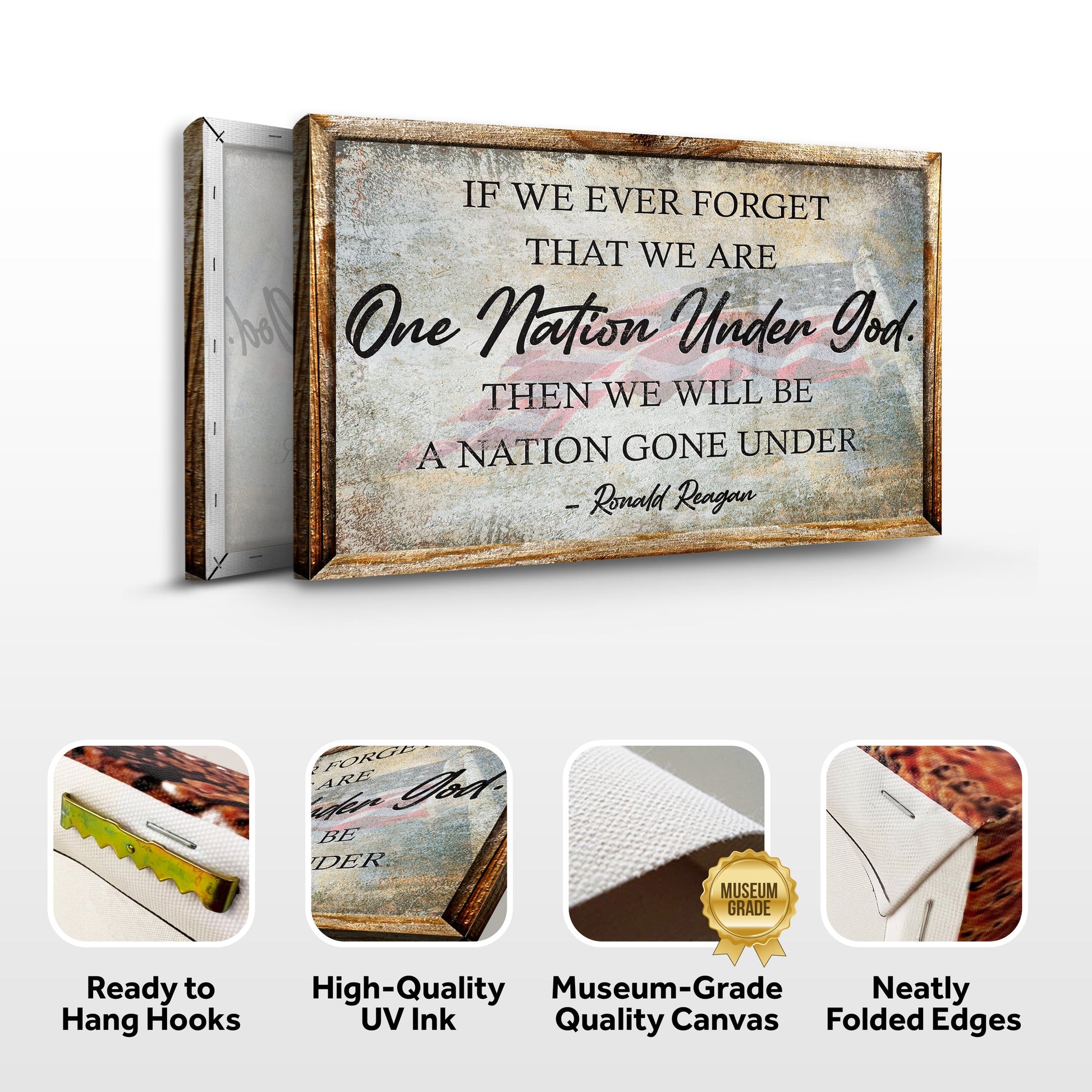 One Nation Under God Ronald Reagan Sign III canvas by Tailored Canvases with rustic wood frame on Tampa Home & Garden Store
