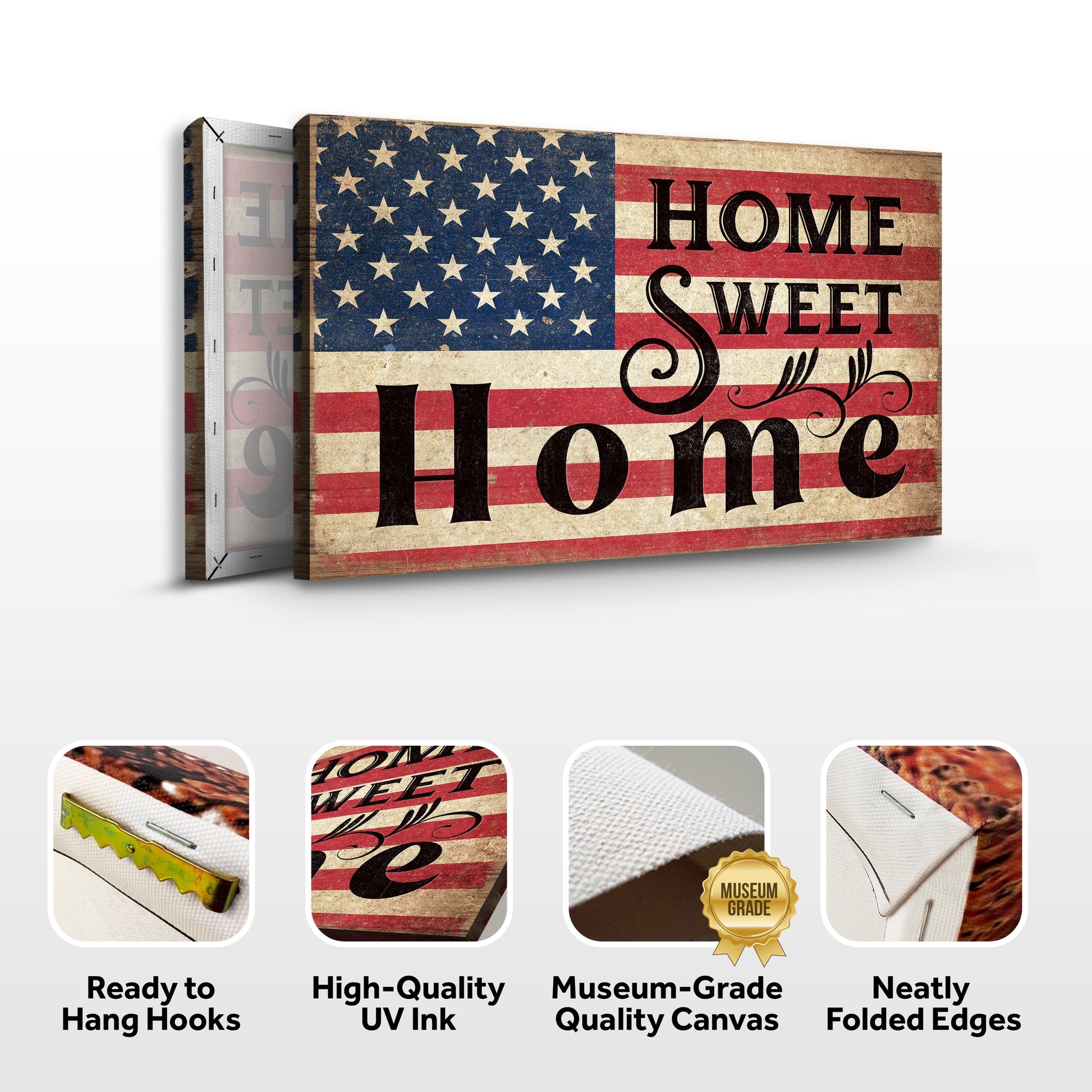 Home Sweet Home Sign IV canvas by Tailored Canvases in vintage American flag style on Tampa Home & Garden Store