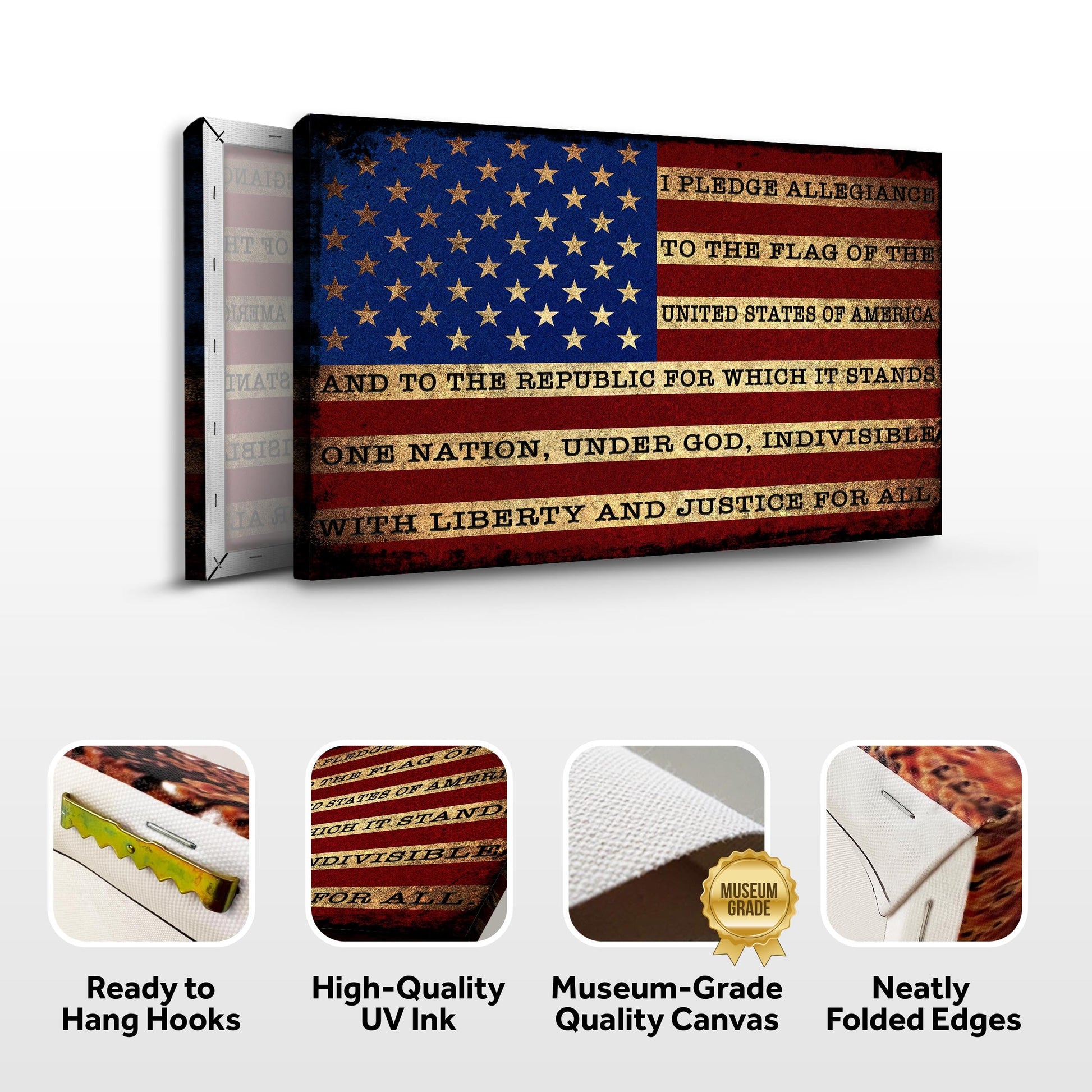 Canvas sign by Tailored Canvases featuring the US flag and Pledge text, distressed look on Tampa Home & Garden Store