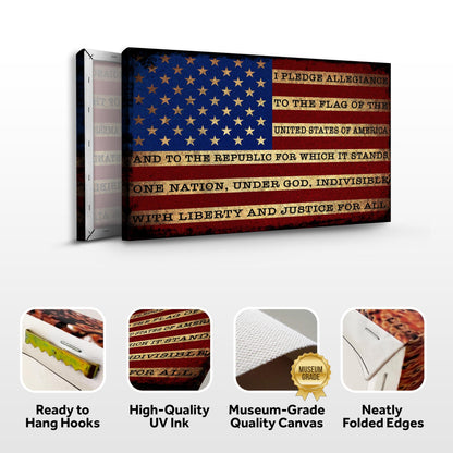 Canvas sign by Tailored Canvases featuring the US flag and Pledge text, distressed look on Tampa Home & Garden Store
