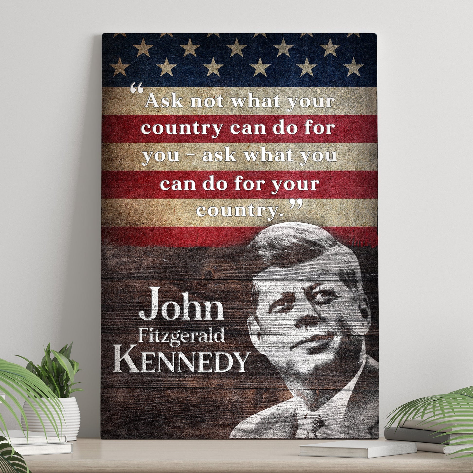 Canvas John F Kennedy Inaugural Address Sign with vintage flag design Tailored Canvases on Tampa Home & Garden Store