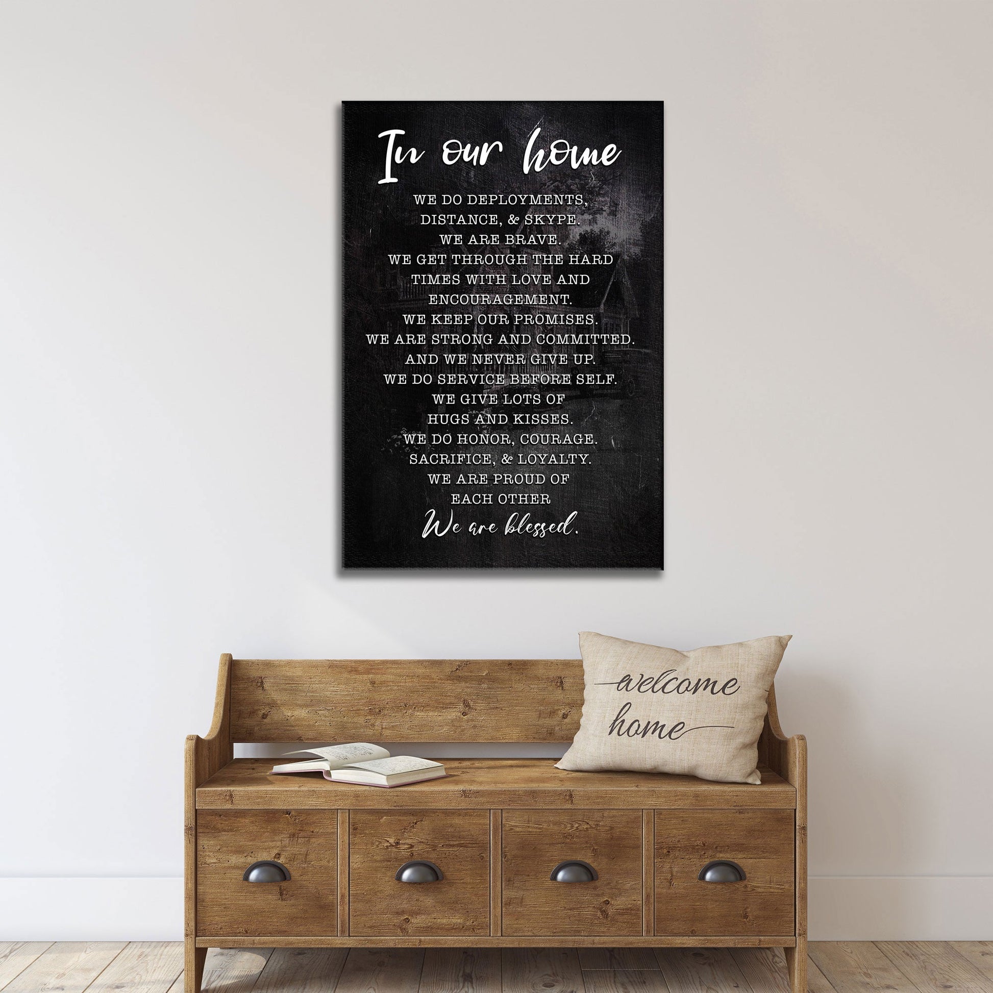 In Our Home We Are Blessed Sign II canvas Tailored Canvases, black background with white script on Tampa Home & Garden Store