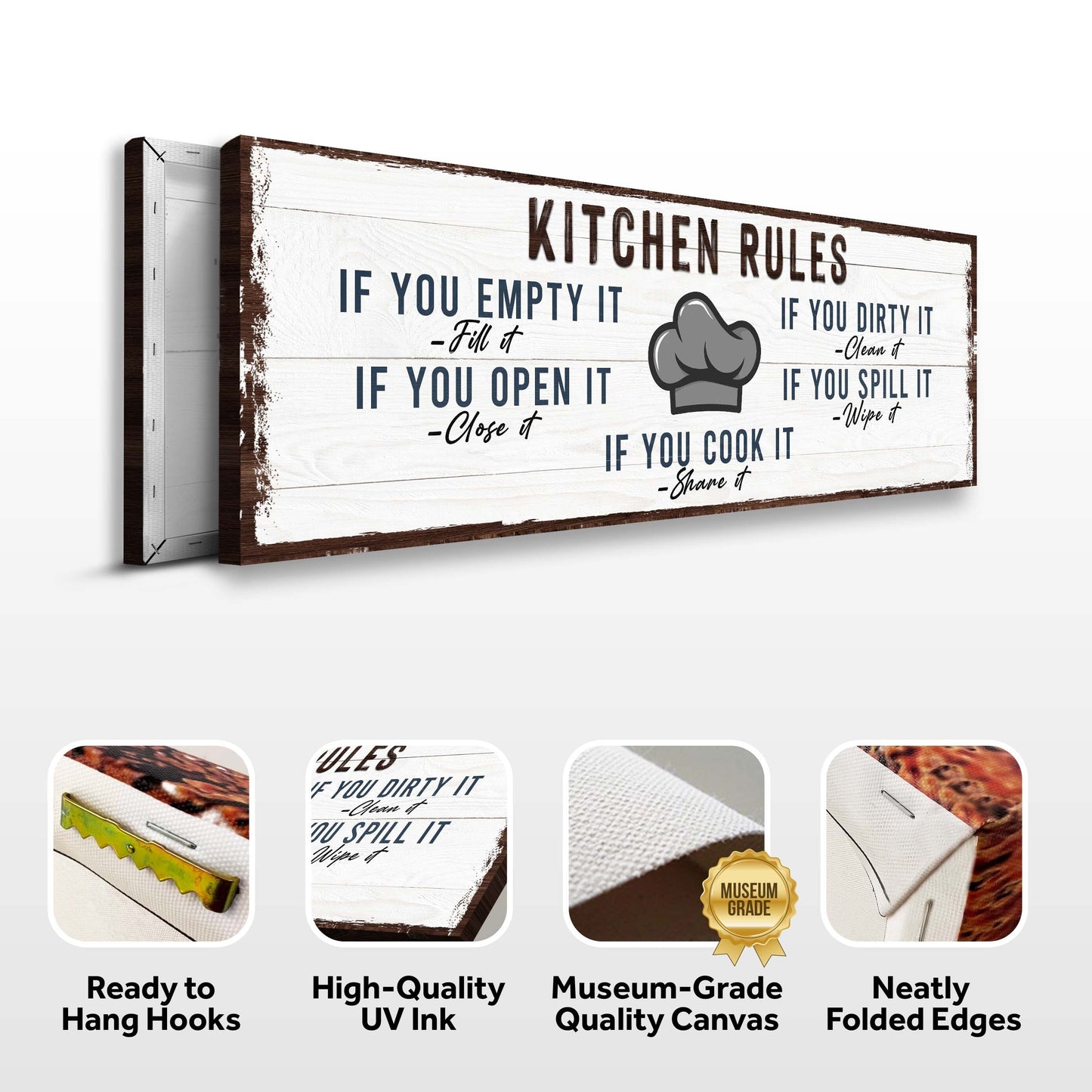 Canvas kitchen rules sign by Tailored Canvases with rustic whitewashed wood planks and dark brown frame on Tampa Home & Garden Store