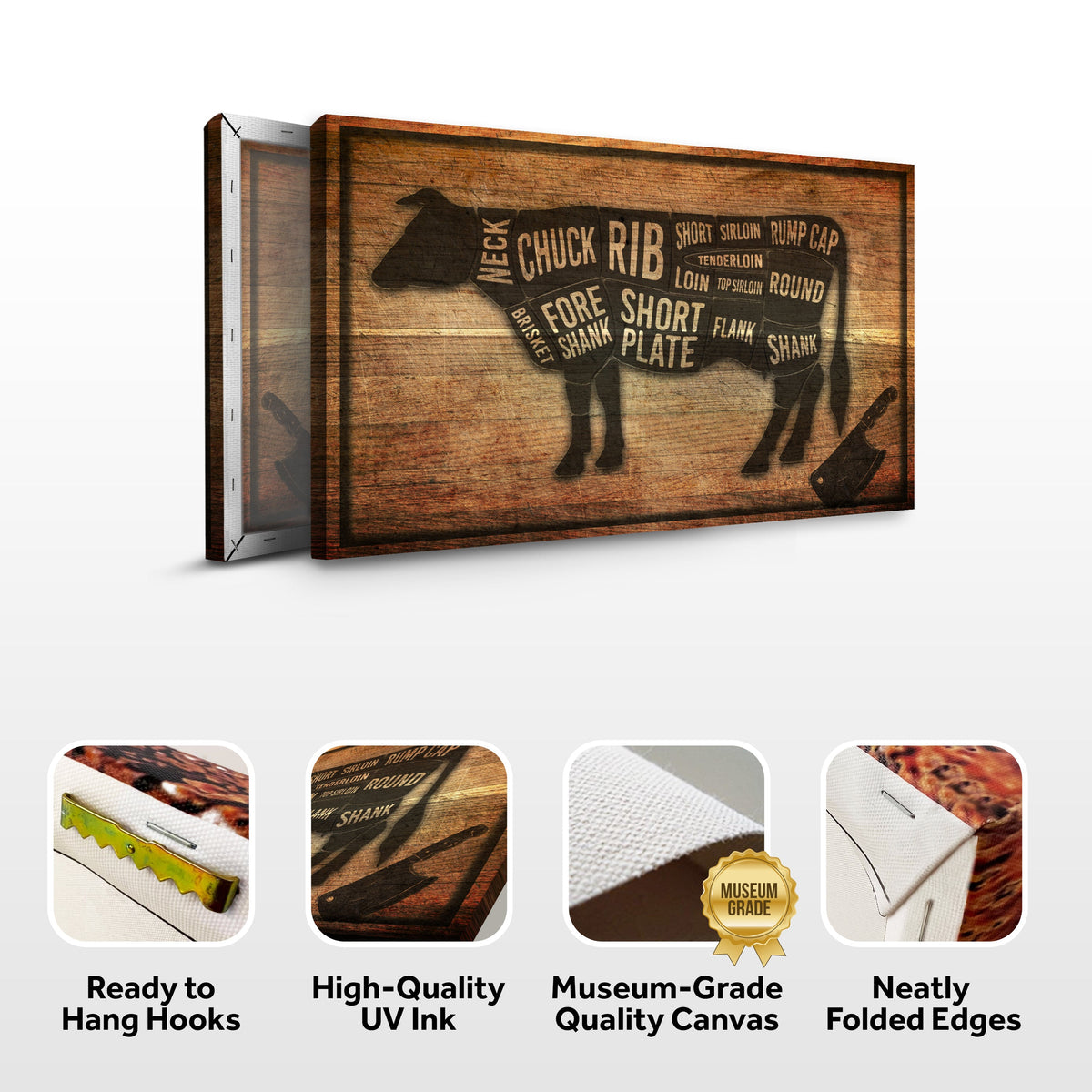 Cow Butcher Kitchen Sign II canvas wall art with a cow diagram on wood grain background on Tampa Home & Garden Store