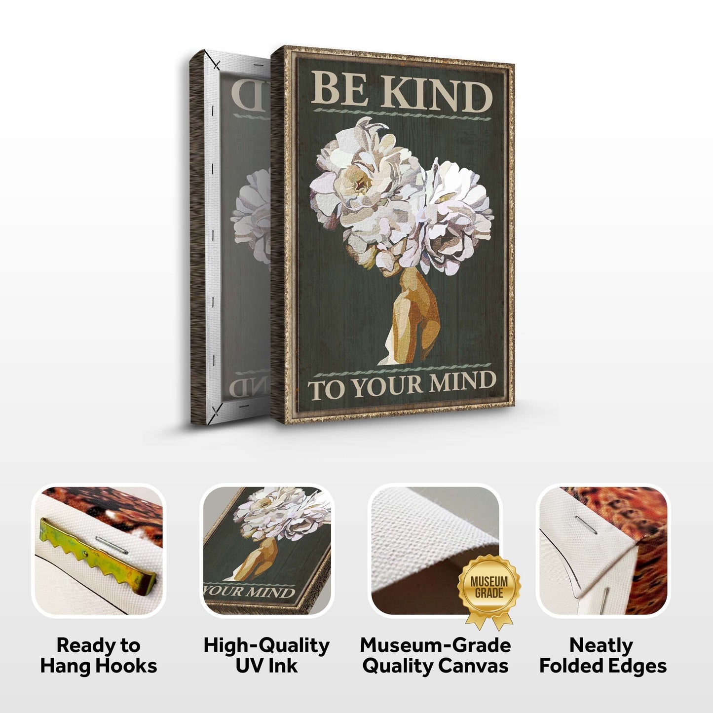 Be Kind To Your Mind Sign II canvas by Tailored Canvases, dark green floral bouquet on wood frame on Tampa Home & Garden Store