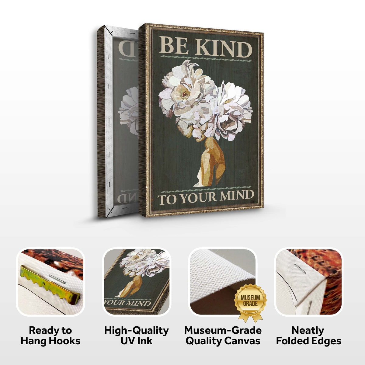Be Kind To Your Mind Sign II canvas by Tailored Canvases, dark green floral bouquet on wood frame on Tampa Home & Garden Store