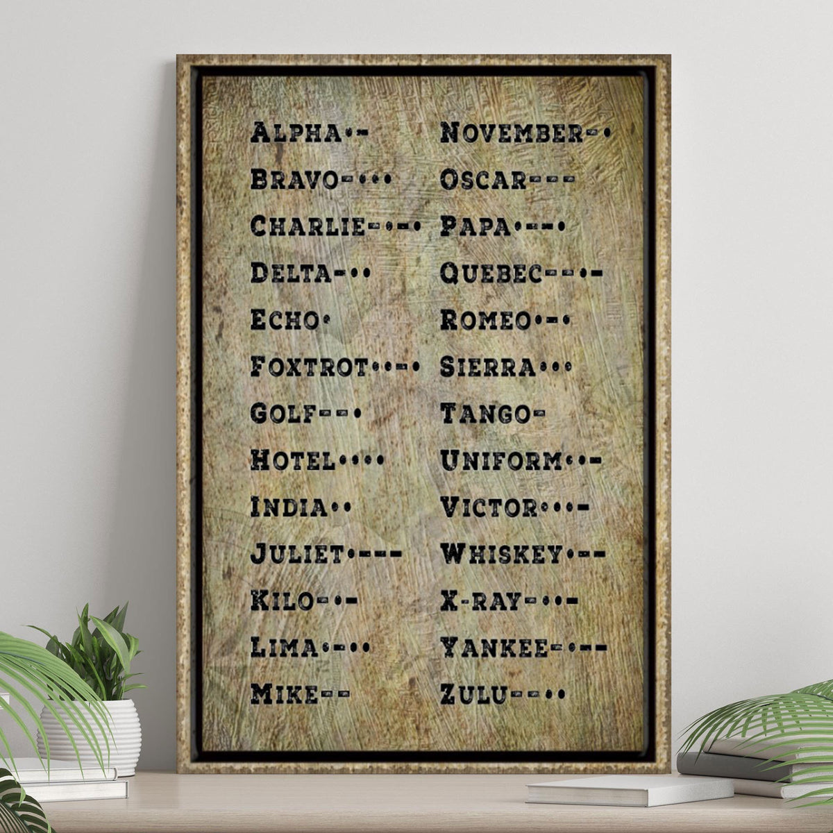 Morse Code Sign canvas by Tailored Canvases with distressed wood texture and alphabet list on Tampa Home & Garden Store
