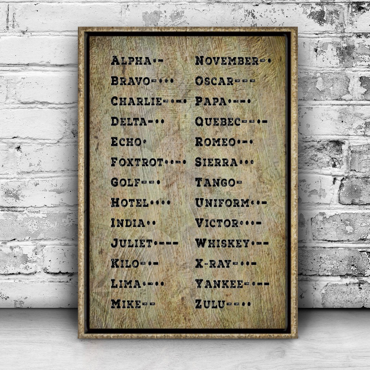 Morse Code Sign canvas by Tailored Canvases with rustic wood texture and alphabet word pairs on Tampa Home & Garden Store