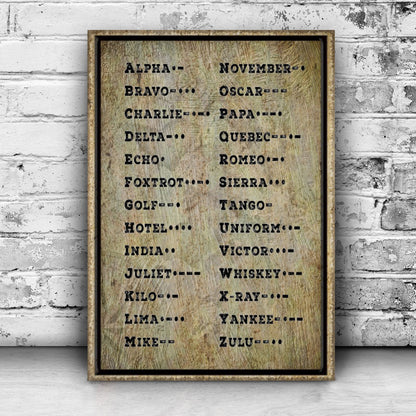 Morse Code Sign canvas by Tailored Canvases with rustic wood texture and alphabet word pairs on Tampa Home & Garden Store