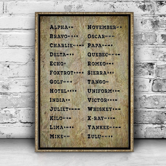 Morse Code Sign canvas by Tailored Canvases with rustic wood texture and alphabet word pairs on Tampa Home & Garden Store