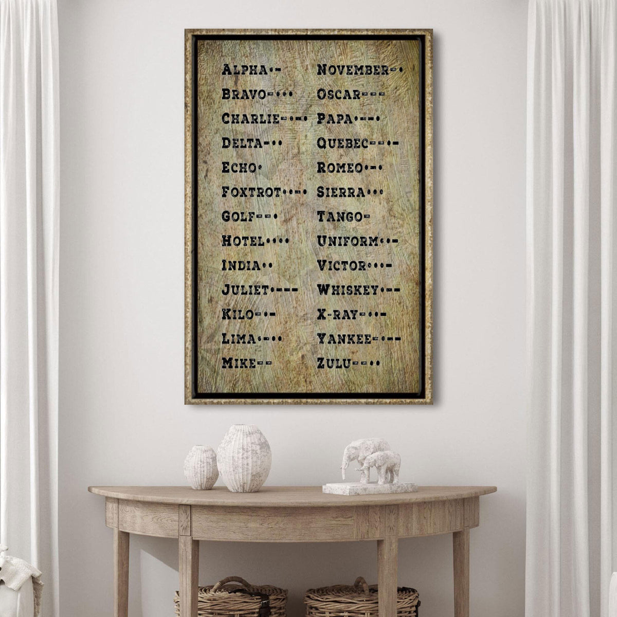 Morse Code Sign canvas; Tailored Canvases framed craft canvas with bold letters on beige on Tampa Home & Garden Store