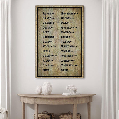 Morse Code Sign canvas; Tailored Canvases framed craft canvas with bold letters on beige on Tampa Home & Garden Store