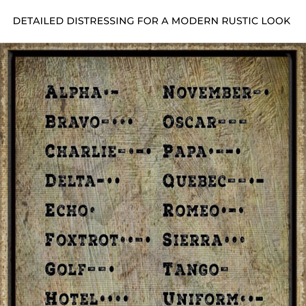 Morse Code Sign canvas by Tailored Canvases; distressed vintage parchment with NATO names on Tampa Home & Garden Store