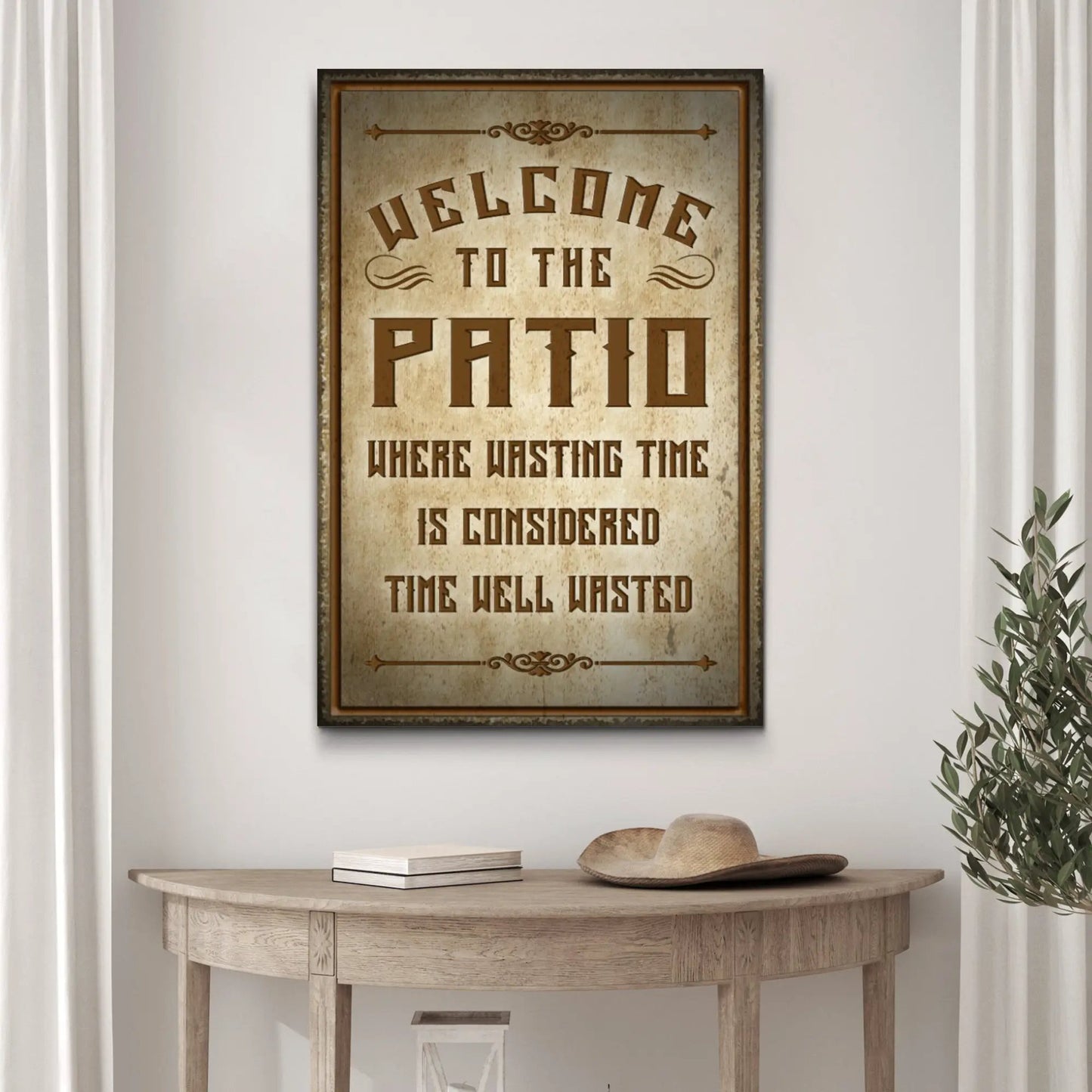 Canvas sign Welcome To The Patio Sign II by Tailored Canvases in rustic brown distress on Tampa Home & Garden Store
