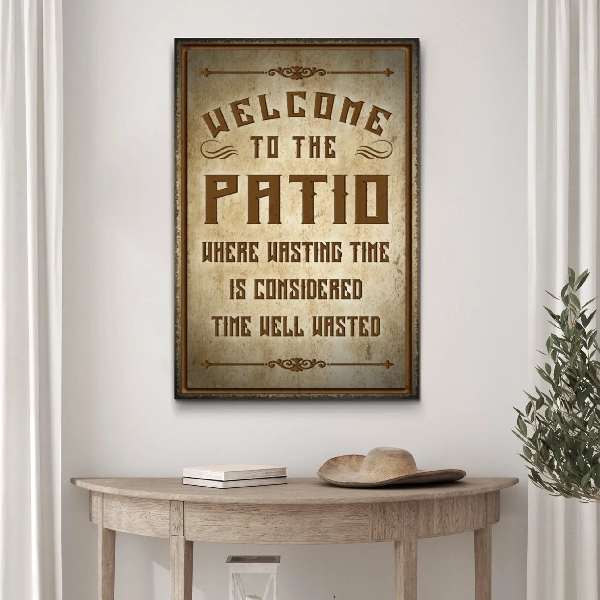 Canvas sign Welcome To The Patio Sign II by Tailored Canvases in rustic brown distress on Tampa Home & Garden Store