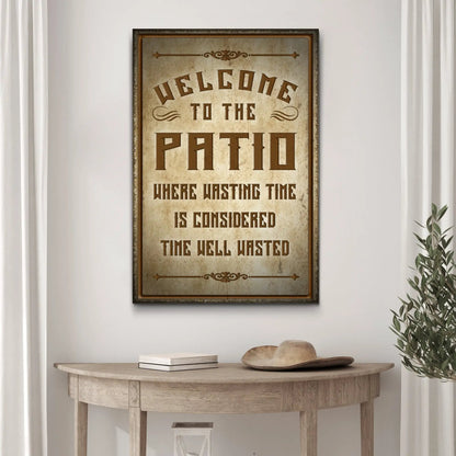 Canvas sign Welcome To The Patio Sign II by Tailored Canvases in rustic brown distress on Tampa Home & Garden Store
