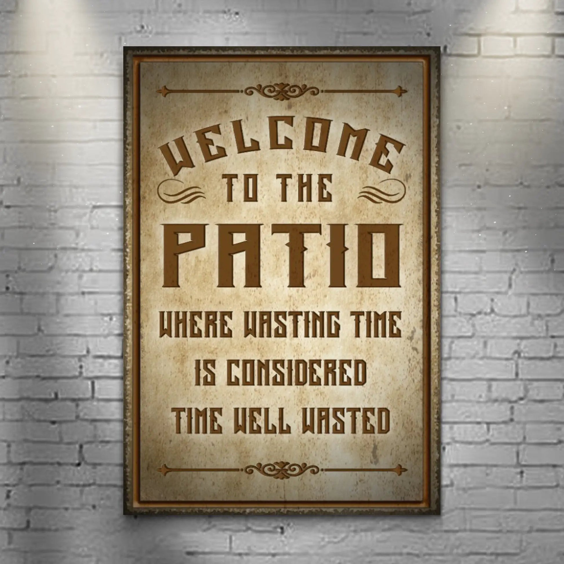 Welcome To The Patio Sign II canvas by Tailored Canvases with beige background and vintage lettering on Tampa Home & Garden Store