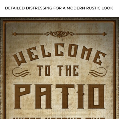 Welcome To The Patio Sign II canvas with brown serif lettering and vintage flourish on parchment on Tampa Home & Garden Store