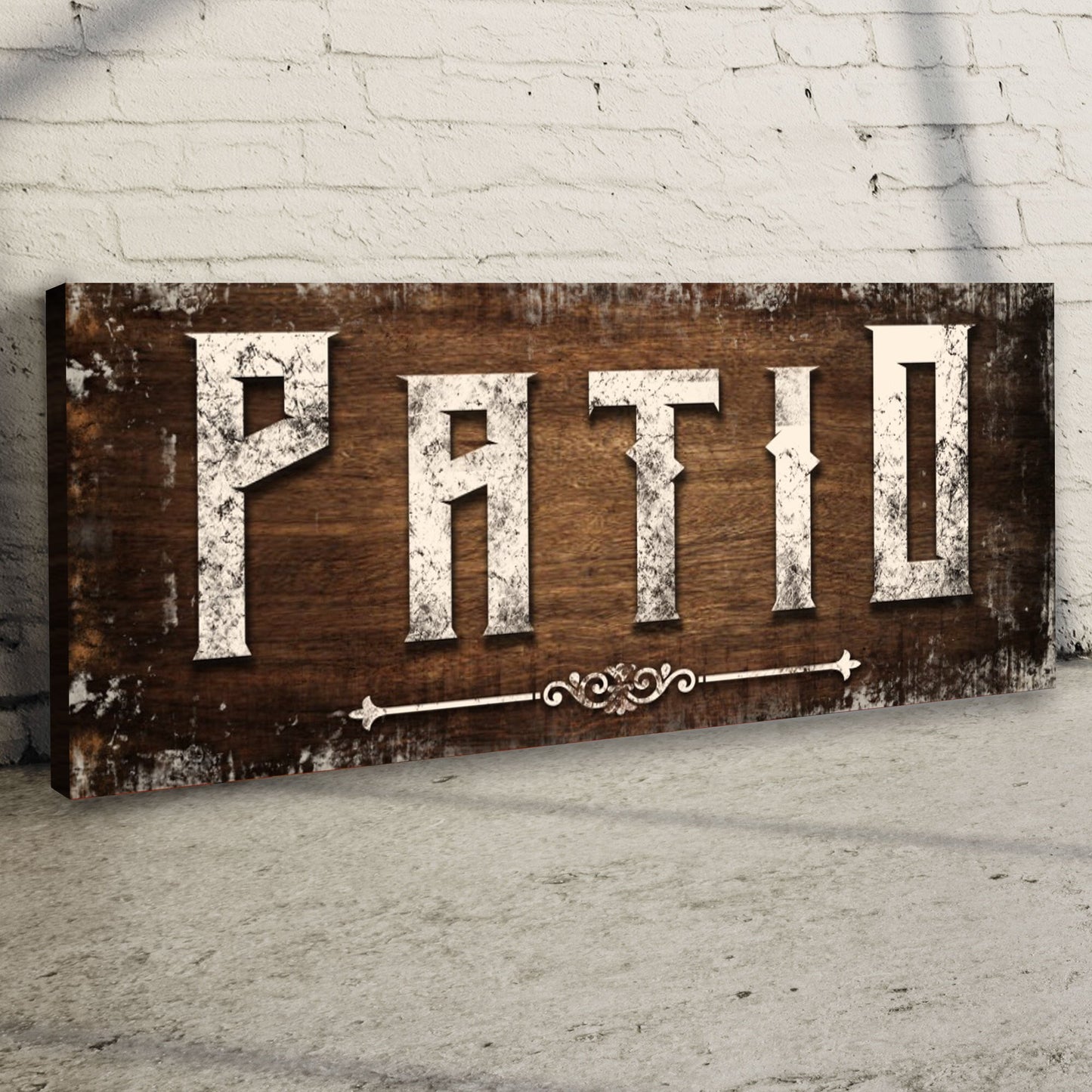 Distressed White Patio Sign canvas with vintage wood background by Tailored Canvases on Tampa Home & Garden Store