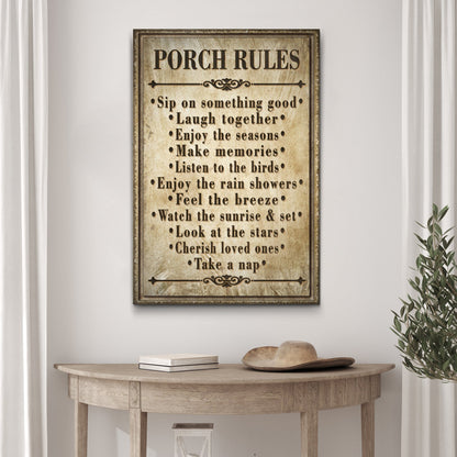 Porch Rules Sign II canvas by Tailored Canvases, antique parchment tone crafting canvas on Tampa Home & Garden Store