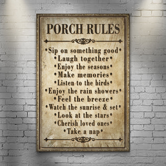Porch Rules Sign II canvas by Tailored Canvases, rustic beige wood-framed wall art on Tampa Home & Garden Store