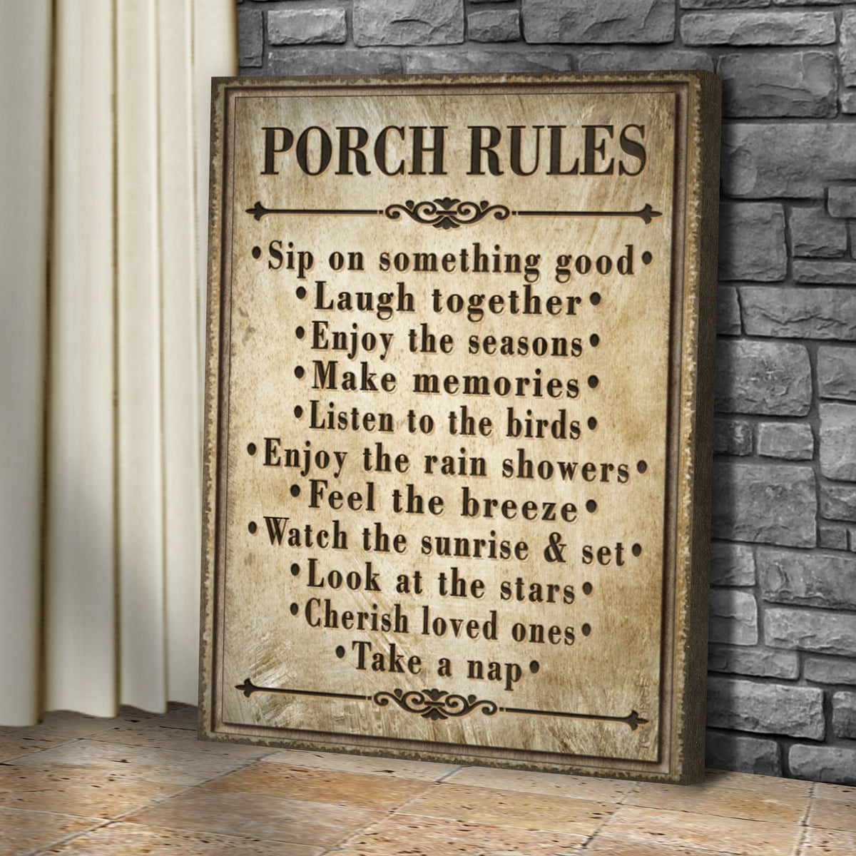 Porch Rules Sign II canvas by Tailored Canvases, distressed beige wood-look with black type on Tampa Home & Garden Store