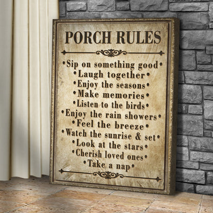 Porch Rules Sign II canvas by Tailored Canvases, distressed beige wood-look with black type on Tampa Home & Garden Store