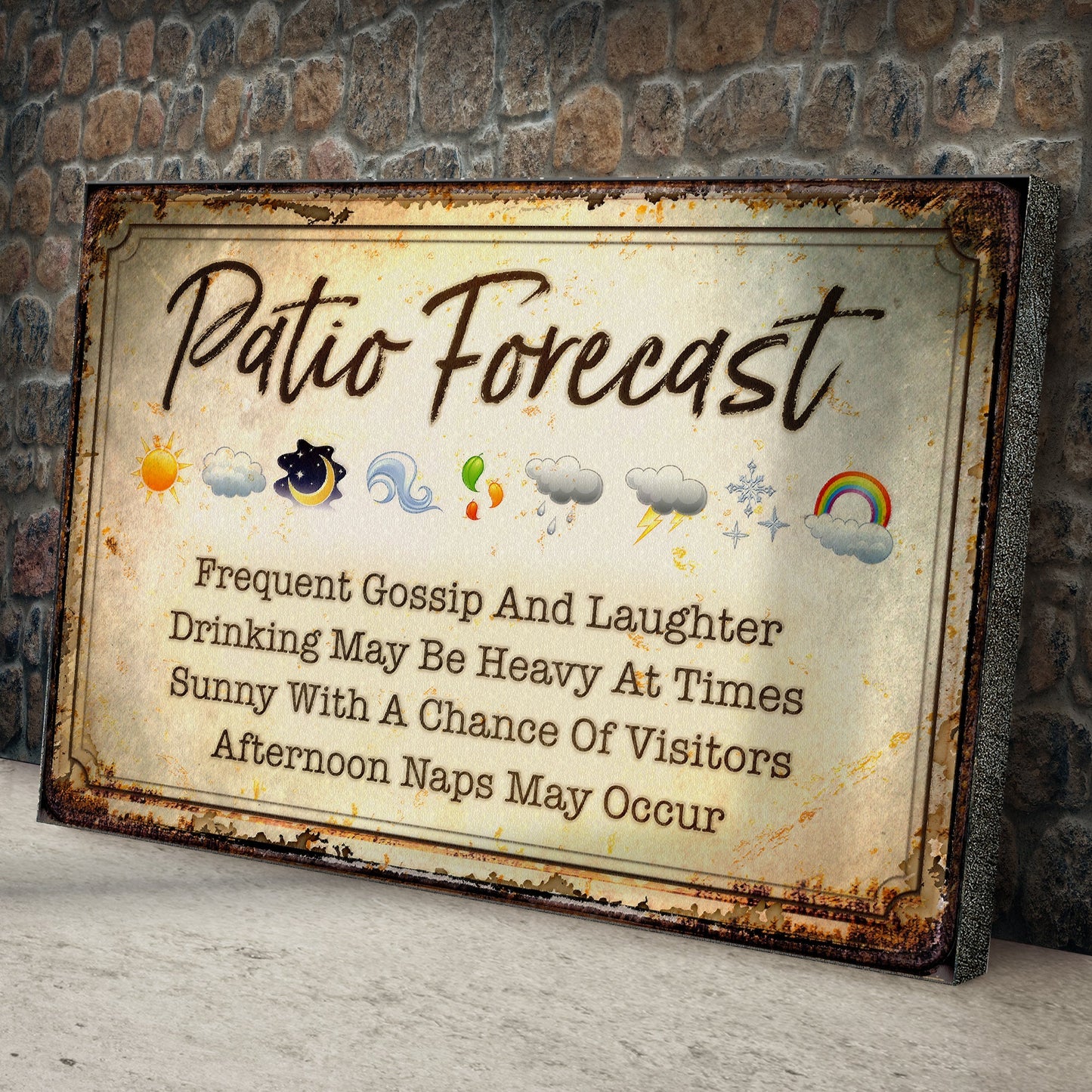 Patio Forecast Sign canvas by Tailored Canvases with weather icons and rusted frame against stone wall on Tampa Home & Garden Store