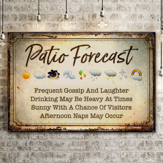 Patio Forecast Canvas Sign by Tailored Canvases with rustic frame and weather icons on Tampa Home & Garden Store