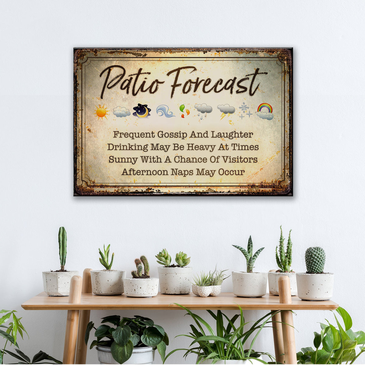Patio Forecast Sign canvas by Tailored Canvases; beige background, rusted frame, weather icons on Tampa Home & Garden Store