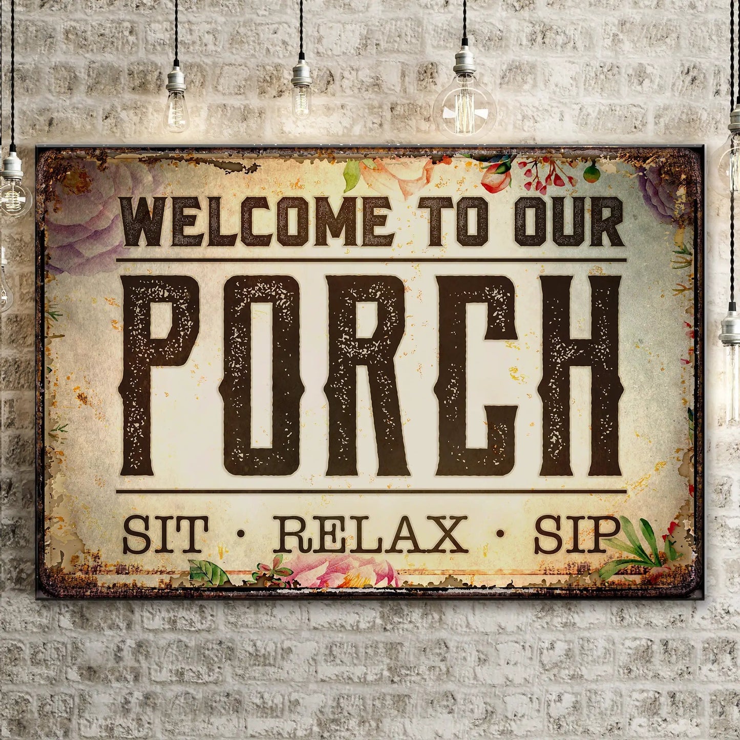 Welcome To Our Porch Sign III canvas print with vintage lettering and floral border on Tampa Home & Garden Store