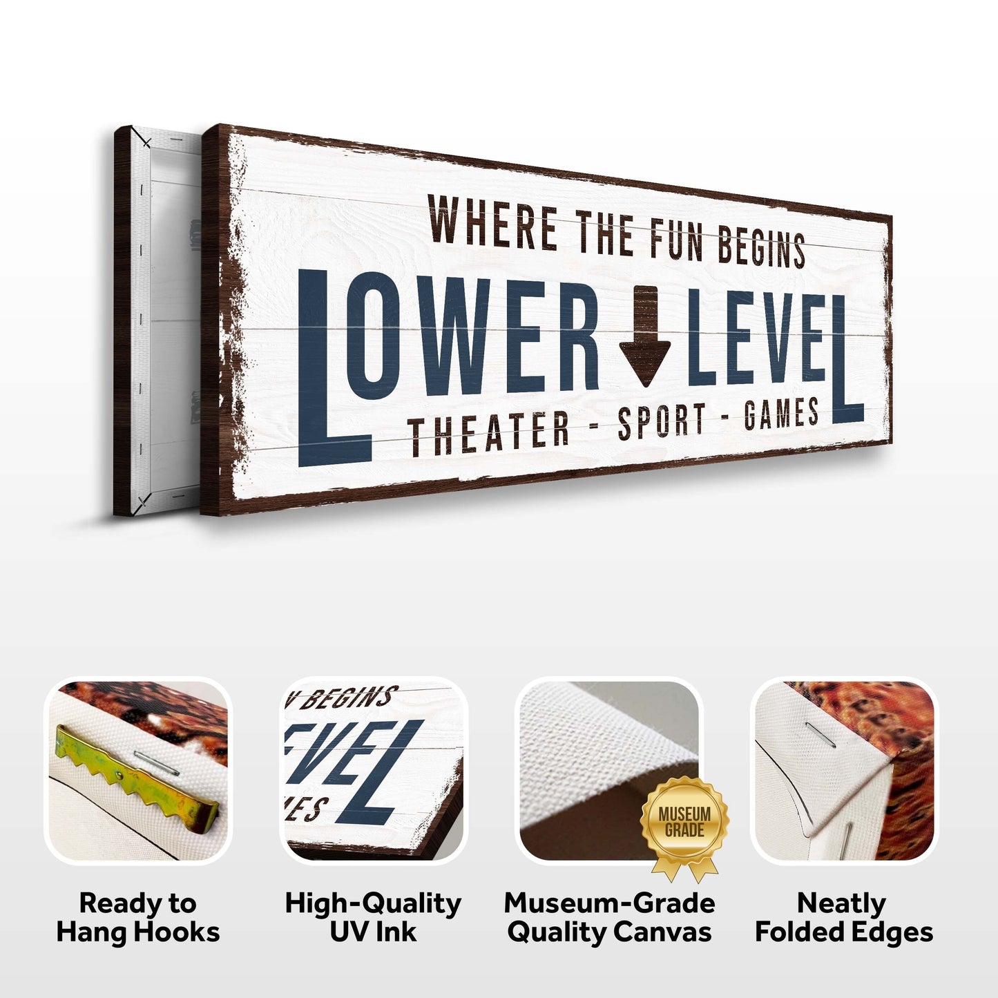 Canvas Lower Level Sign for home bar with rustic wood and bold blue lettering on Tampa Home & Garden Store