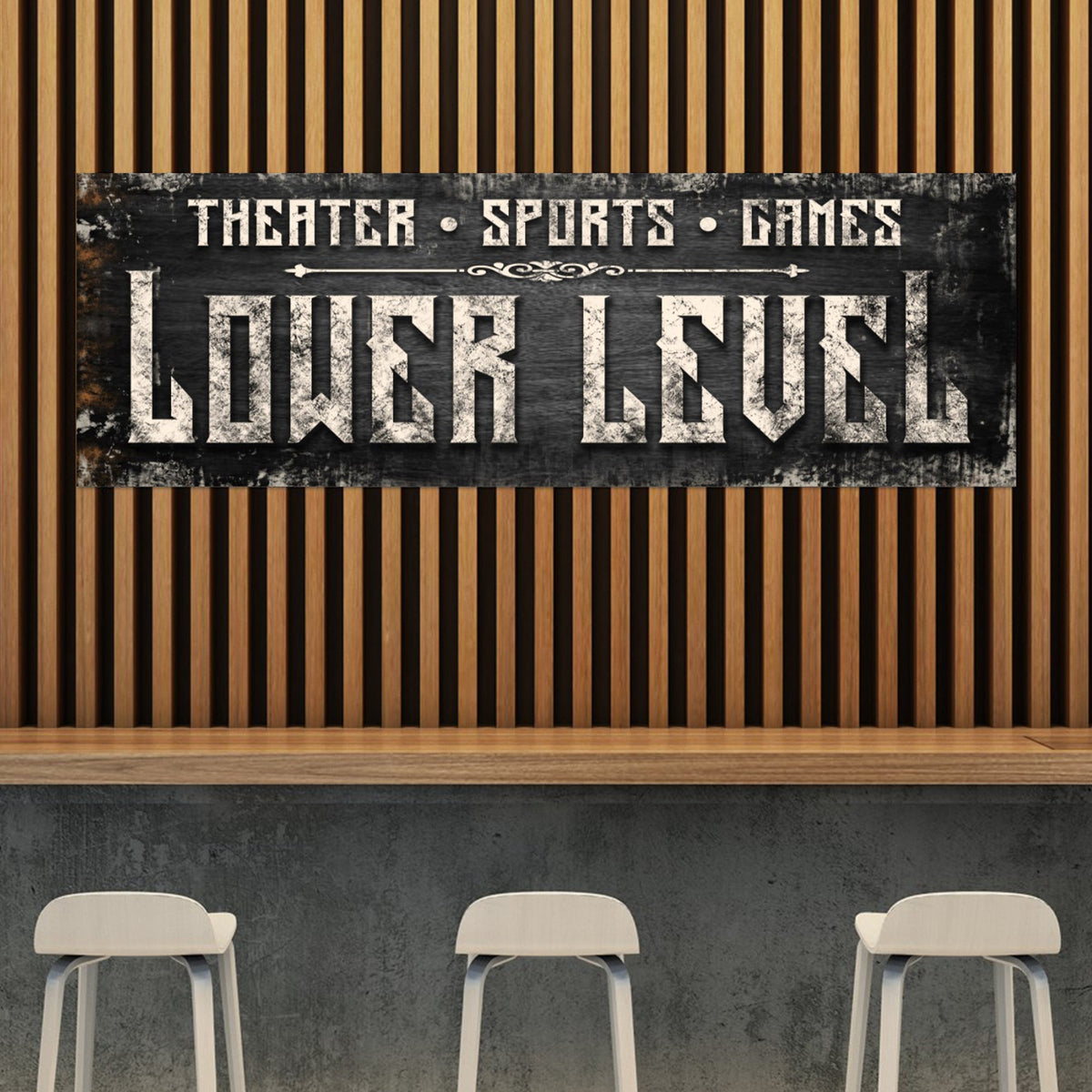 Lower Level Sign canvas by Tailored Canvases; black sign reads LOWER LEVEL on wood backdrop on Tampa Home & Garden Store
