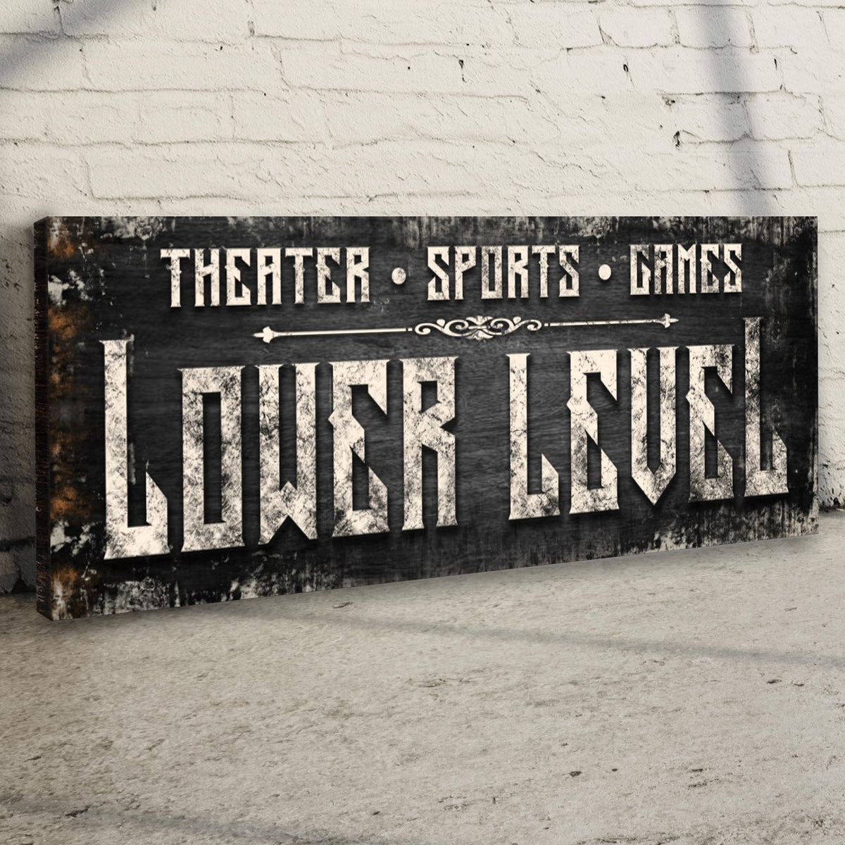 Lower Level Sign canvas by Tailored Canvases with black background and white LOWER LEVEL text on Tampa Home & Garden Store