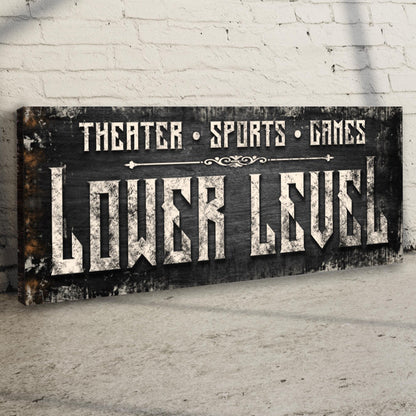 Lower Level Sign canvas by Tailored Canvases with black background and white LOWER LEVEL text on Tampa Home & Garden Store