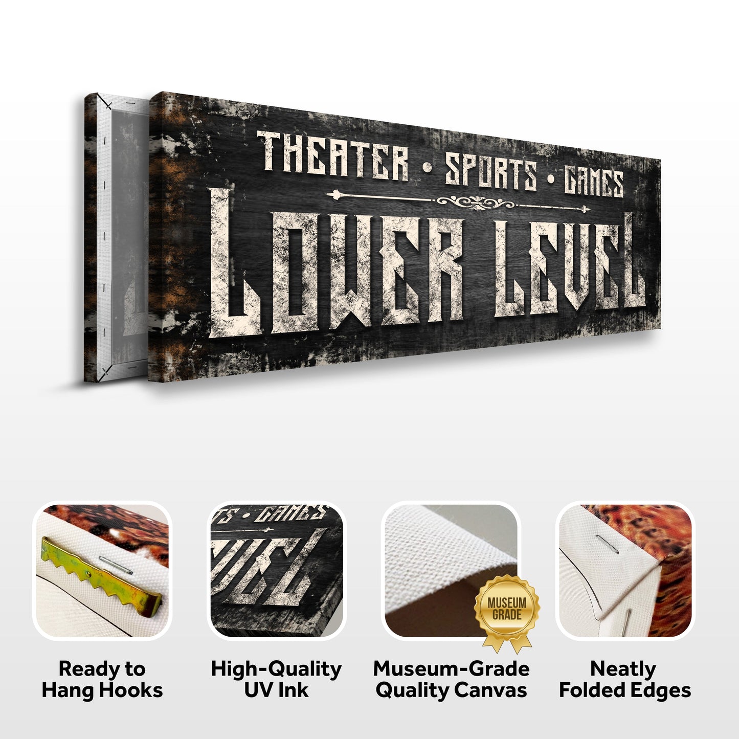 Lower Level Sign canvas by Tailored Canvases with distressed black background and white text on Tampa Home & Garden Store