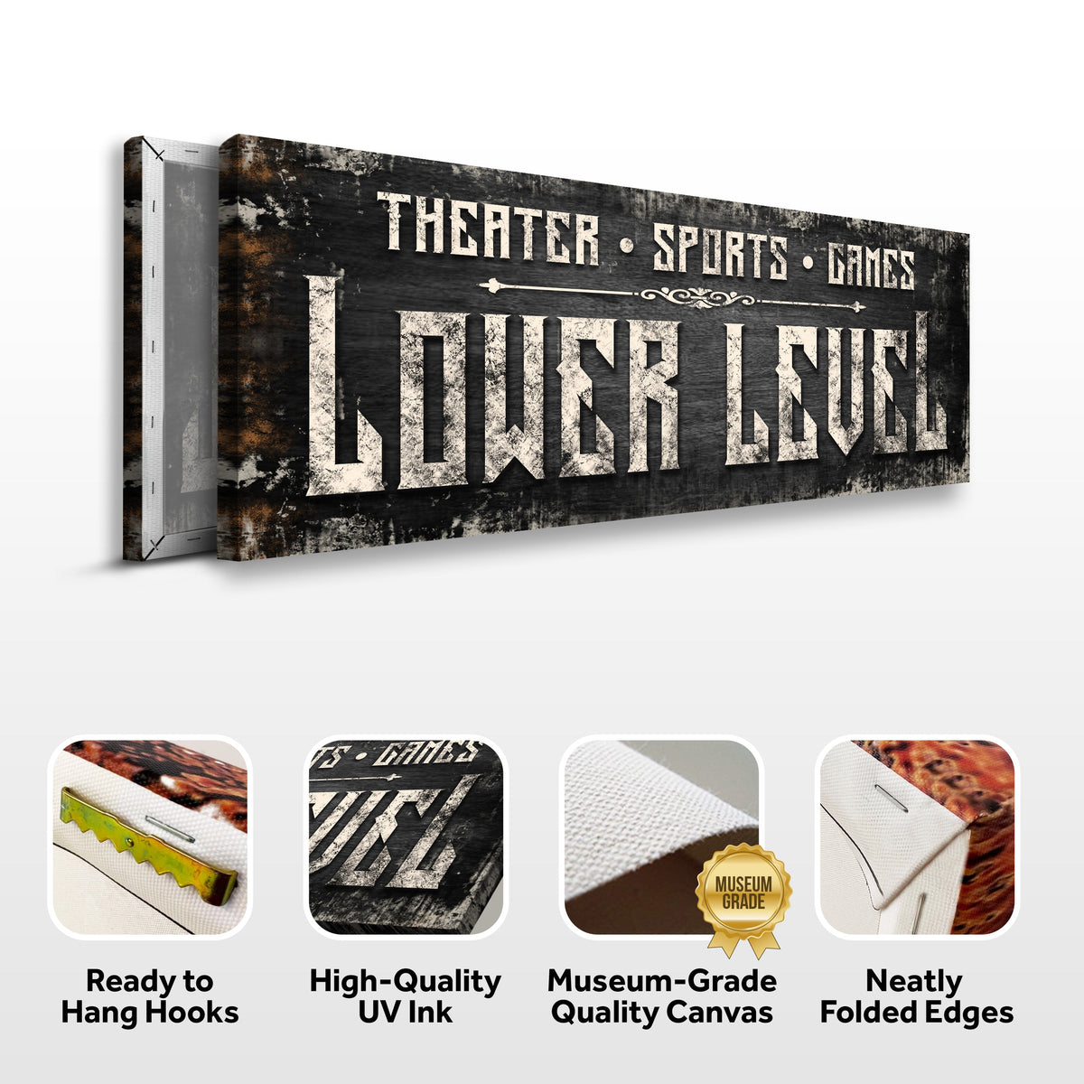 Lower Level Sign canvas by Tailored Canvases with distressed black background and white text on Tampa Home & Garden Store