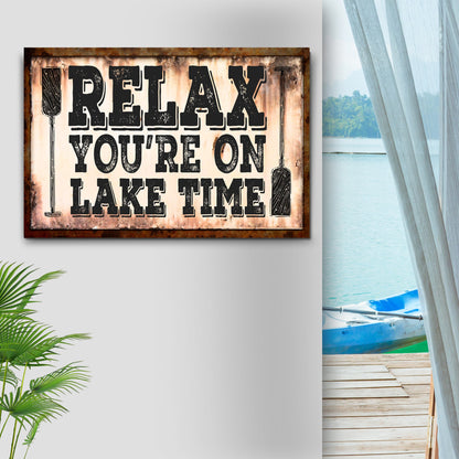 Lake Time Sign II canvas by Tailored Canvases with rustic frame and bold RELAX YOU'RE ON LAKE TIME on Tampa Home & Garden Store