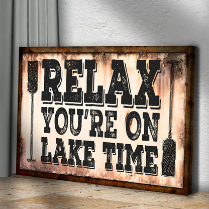 Lake Time Sign II canvas by Tailored Canvases, rustic with bold black lettering in a rust frame on Tampa Home & Garden Store