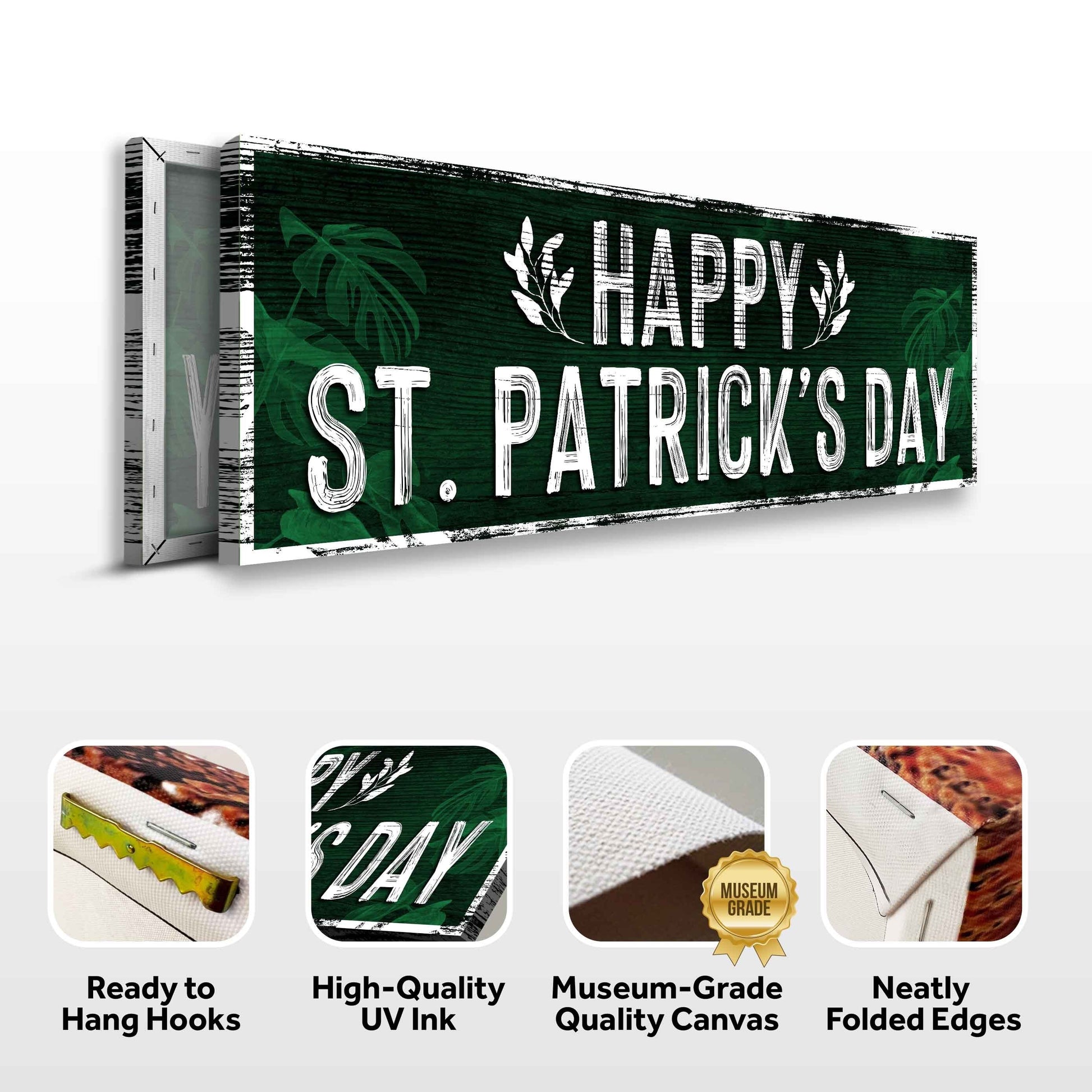 Happy St. Patrick's Day Sign III canvas with green background and white distressed lettering on Tampa Home & Garden Store