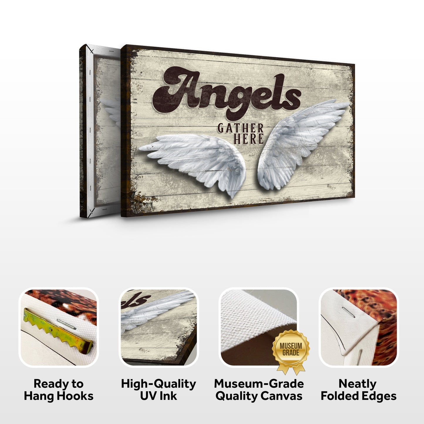 Angels Gather Here Sign II canvas by Tailored Canvases with rustic wood backdrop on Tampa Home & Garden Store