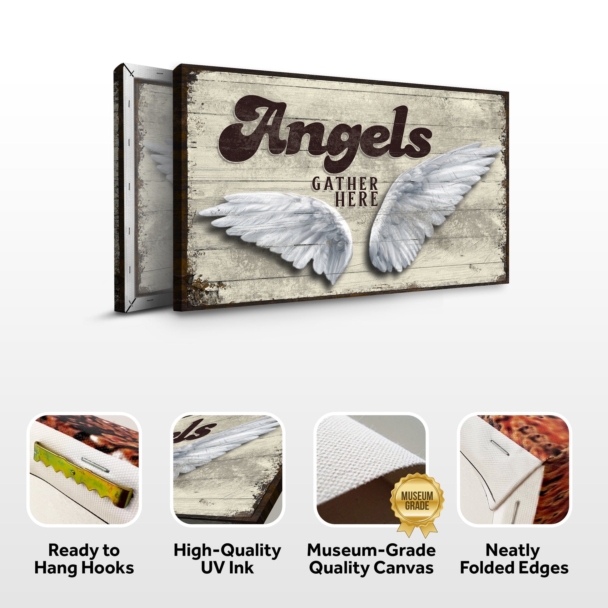 Angels Gather Here Sign II canvas by Tailored Canvases with rustic wood backdrop on Tampa Home & Garden Store