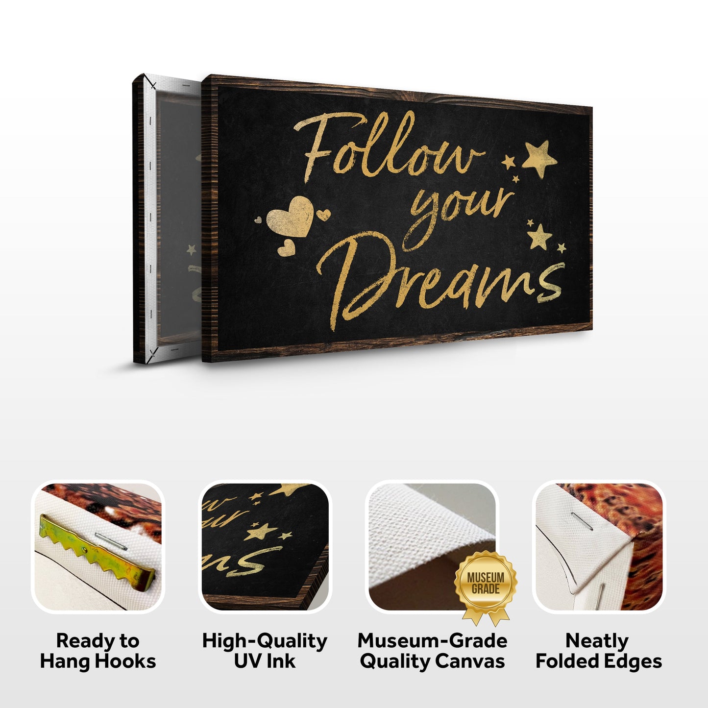 Follow Your Dreams Sign II canvas with black chalkboard and gold lettering Tailored Canvases on Tampa Home & Garden Store