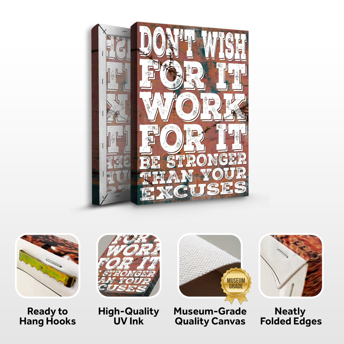 Don't Wish For It Work For It II canvas by Tailored Canvases; distressed white lettering on rust orange background on Tampa Home & Garden Store