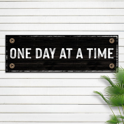 One Day At A Time Sign III canvas by Tailored Canvases black distressed sign with white lettering on Tampa Home & Garden Store