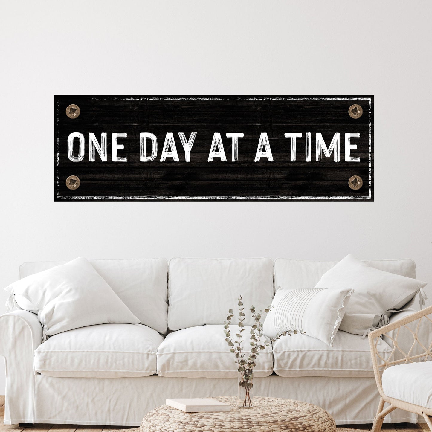 One Day At A Time Sign III canvas with dark wood and white lettering Tailored Canvases on Tampa Home & Garden Store