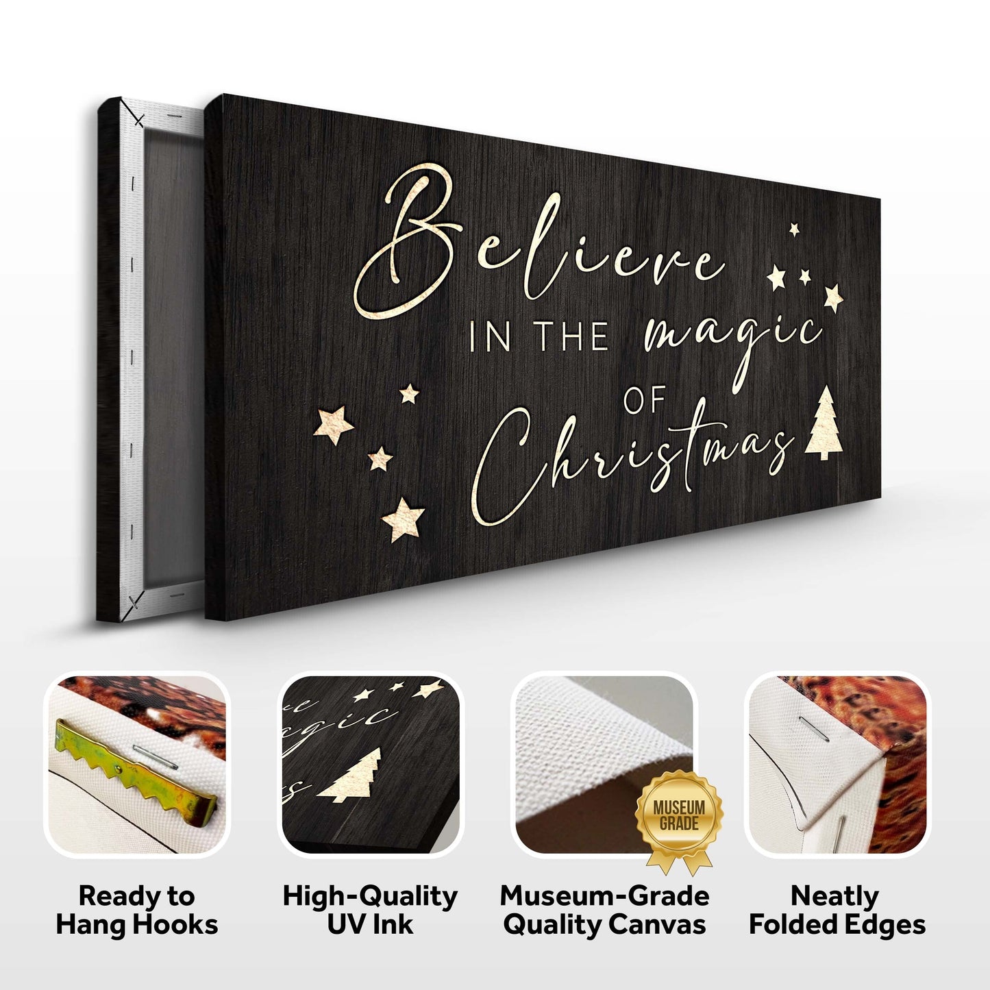 Believe In The Magic Of Christmas Sign II canvas by Tailored Canvases, black with script on Tampa Home & Garden Store
