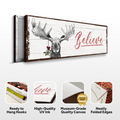 Believe Sign III canvas by Tailored Canvases, white wood with moose and red Believe script on Tampa Home & Garden Store